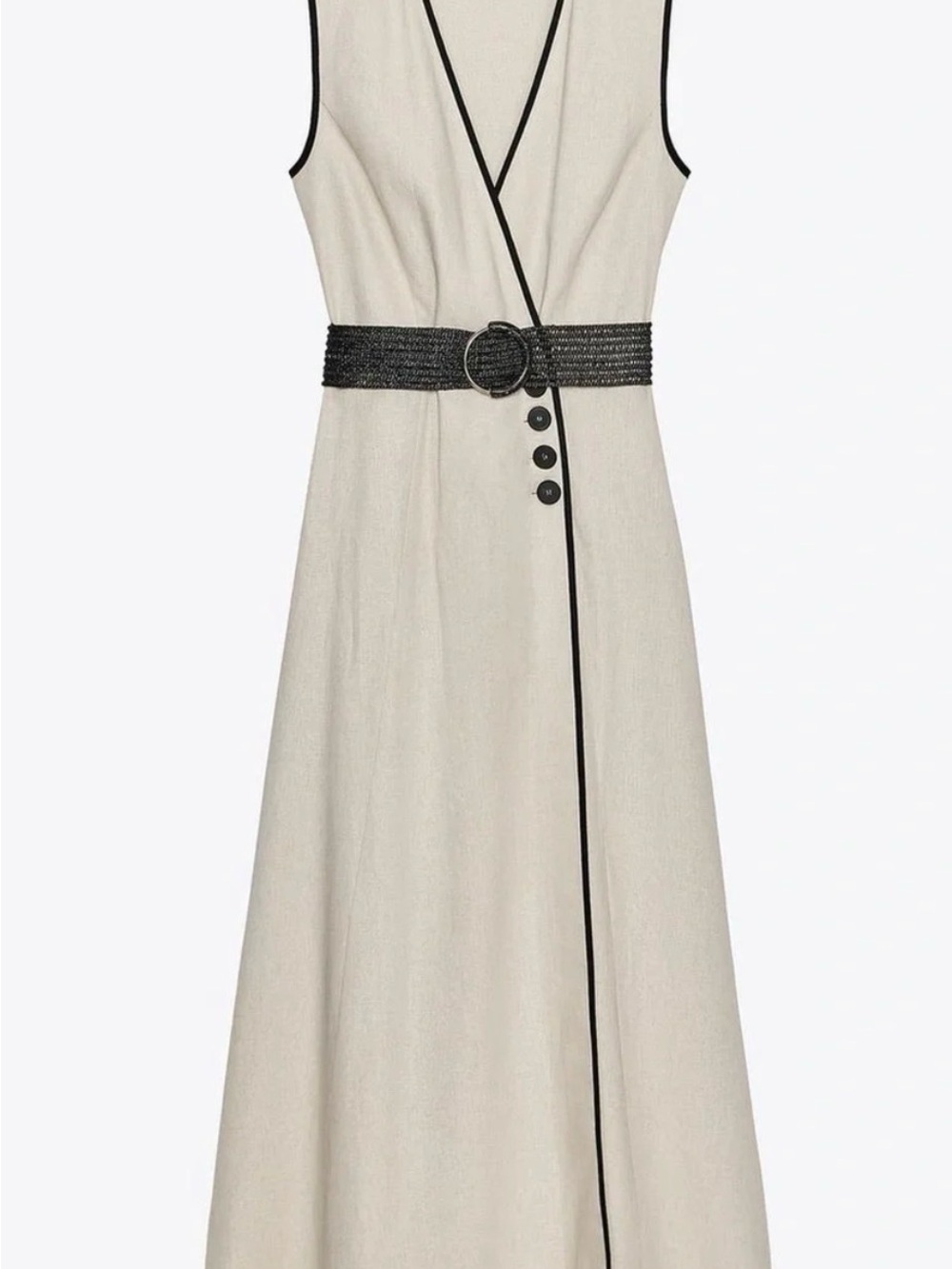 Zara Cream Maxi Dress with Black Trim and Woven Belt